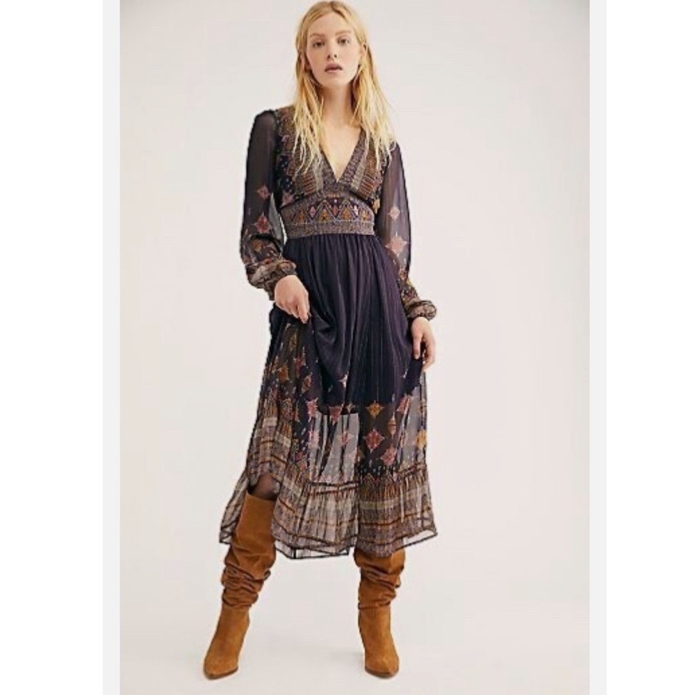 Rare Free People Wishing Well Metallic Lurex Boho Printed Midi Dress Small